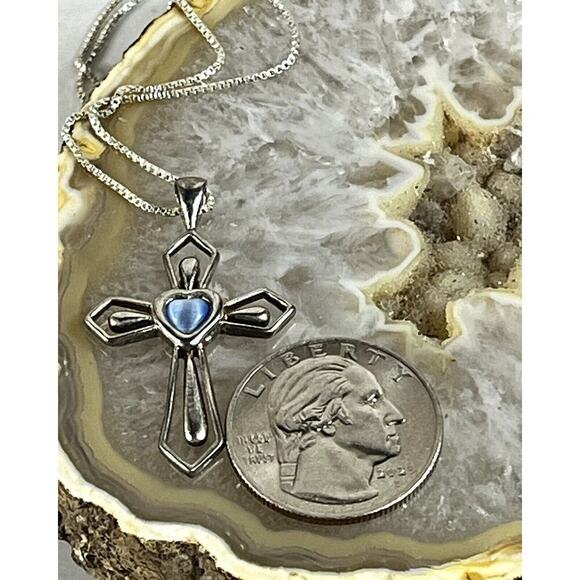 Sterling Silver FACETED STONE CROSS w Center Stone Pendant 925 MO & Necklace VTG - Picture 11 of 14